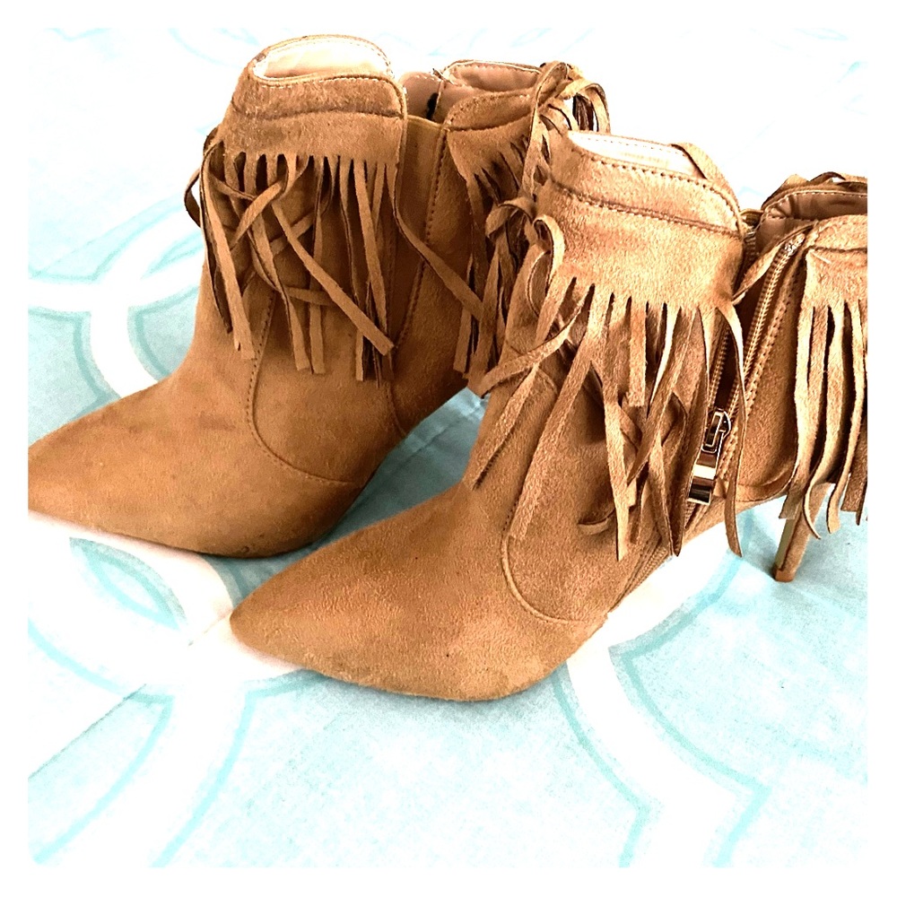Suede fringe ankle boots/heels